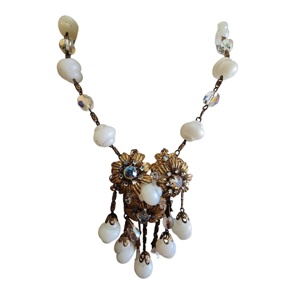 Vintage Stunning All Glass & Crystal Brass Dangle Necklace (3346)